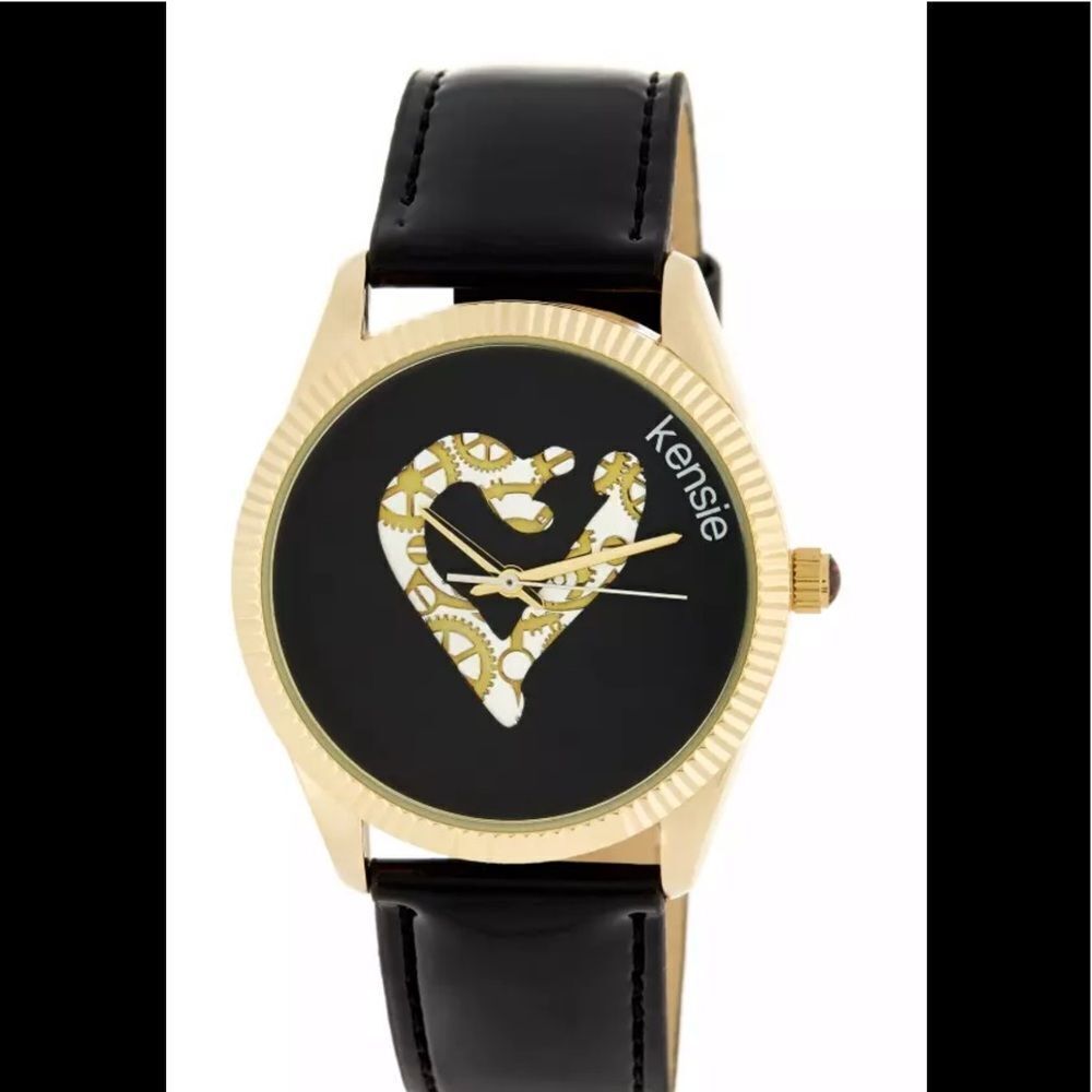 Kensie Black Gold Gear Heart Patent Strap Watch